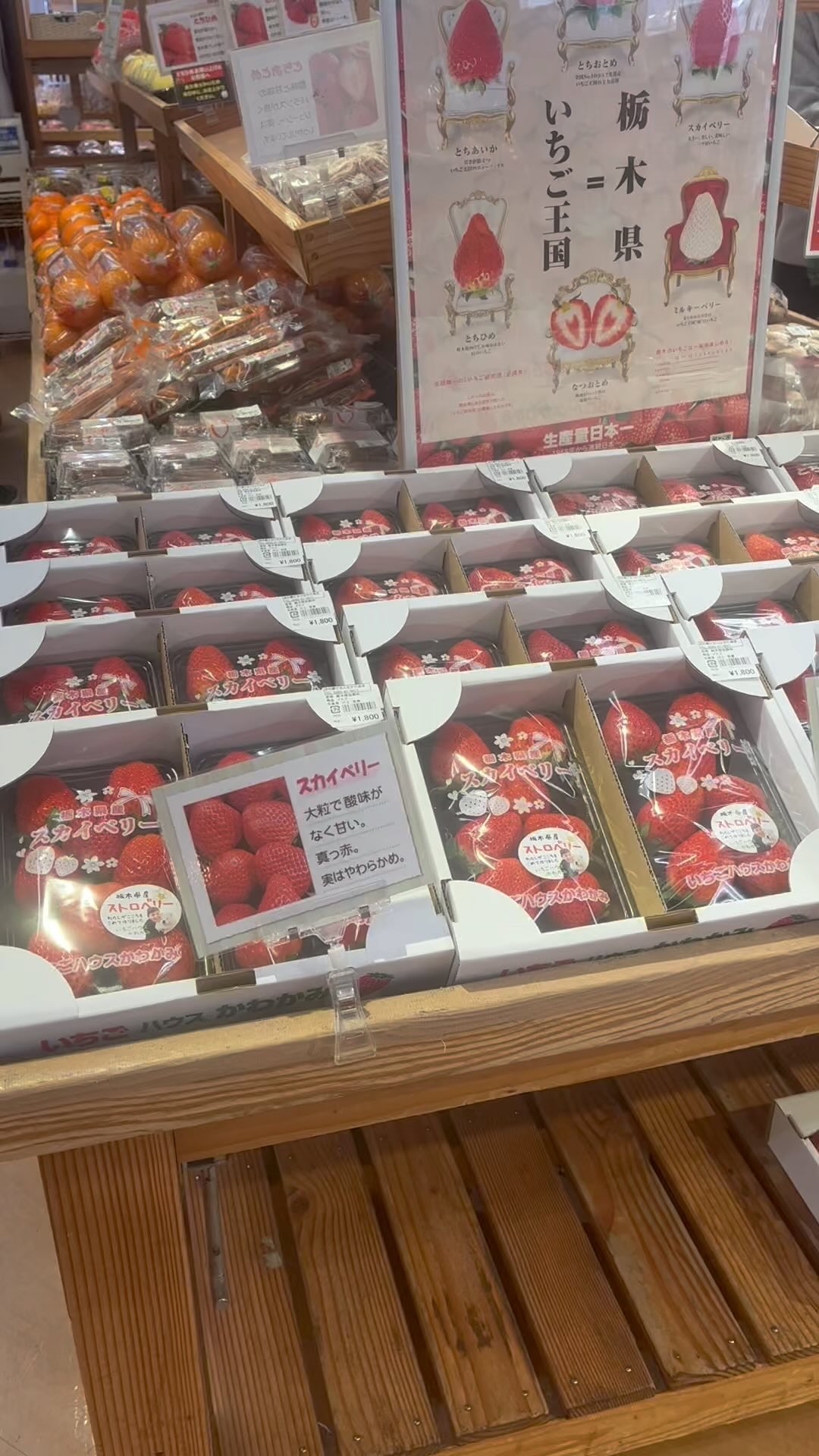 ビタミンCたっぷり甘い苺
とちあいか・スカイベリー・とちおとめ・ミルキーベリー食べて下さい。