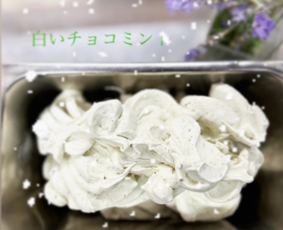 ジェラート倶楽部から
こんにちは️

本日　
数量限定で
「　白いチョコミント　」　
販売致します*+.(( °ω° ))/.:

摘みたてのフレッシュミントと
北海道のハッカでお作りした
白いミントジェラートに
パリパリっと
不揃いの　
エクアドル産チョコレートを
混ぜ込みました。

ミントの香りと
後からのフルティーな
チョコレートの余韻を
お楽しみください♬