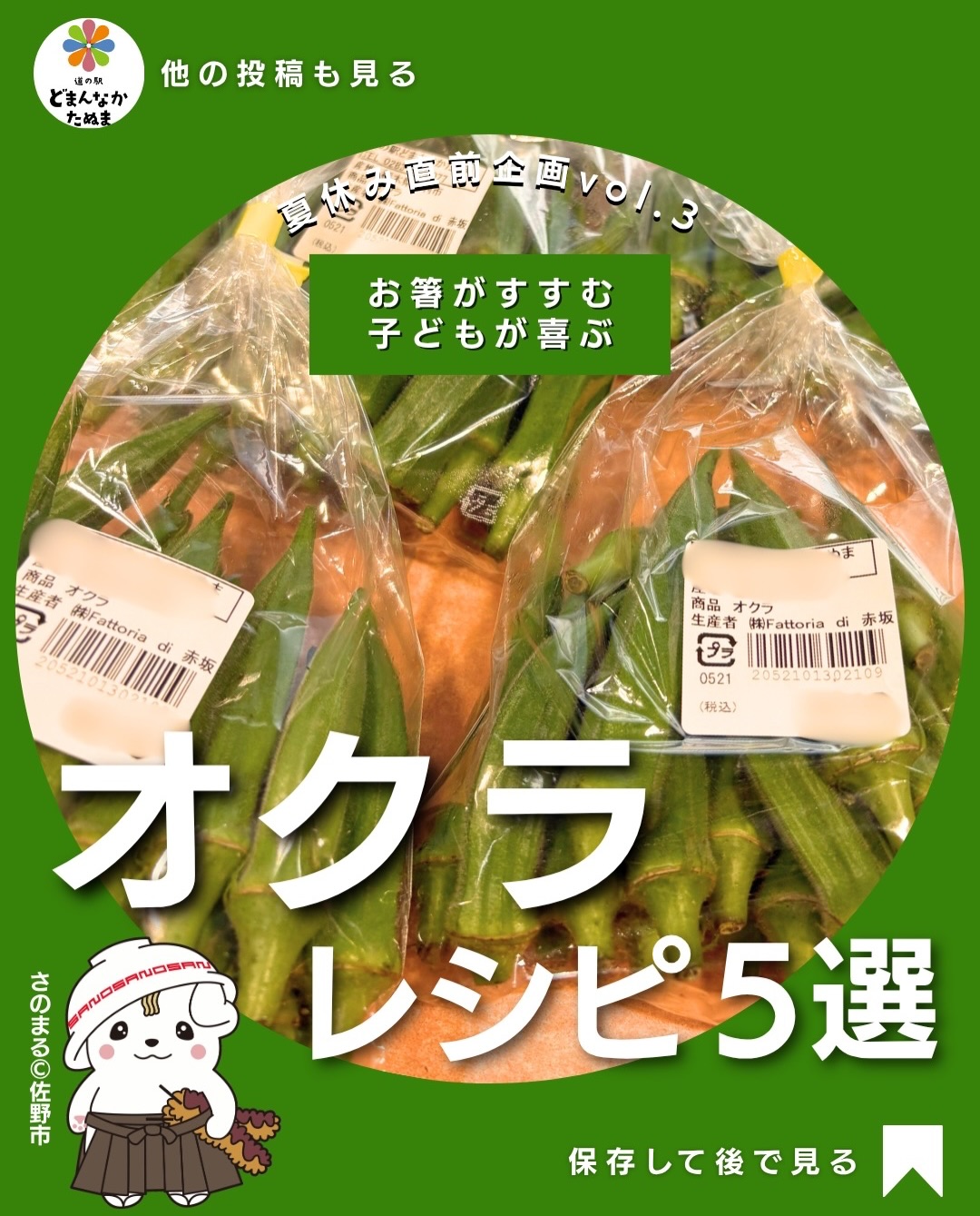夏が旬のオクラ
「ネバネバが苦手…」
「子どもが食べてくれない…」
そんなご家庭におすすめの、子どもも喜ぶオクラレシピを5つご紹介します
チーズ肉巻き
ふわふわハンバーグ
コーンバター炒め
カリカリ唐揚げ風
チキンライス
実はオクラは細かく刻ったり、チーズ・ケチャップ・バターなど子どもが好きな味と合わせることで、ネバネバや青臭さが気になりにくくなります
ビタミンや食物繊維も豊富なので、夏バテしやすいこの時期の食卓にもぴったり!
道の駅どまんなかたぬまでも、新鮮なオクラがたくさん並んでいます
ぜひ旬のおいしさを家族みんなで楽しんでください♪
「あとで作ろう!」と思ったら保存がおすすめ!
お子さんが一番食べてくれそうなのはどれですか?
コメントで教えてください