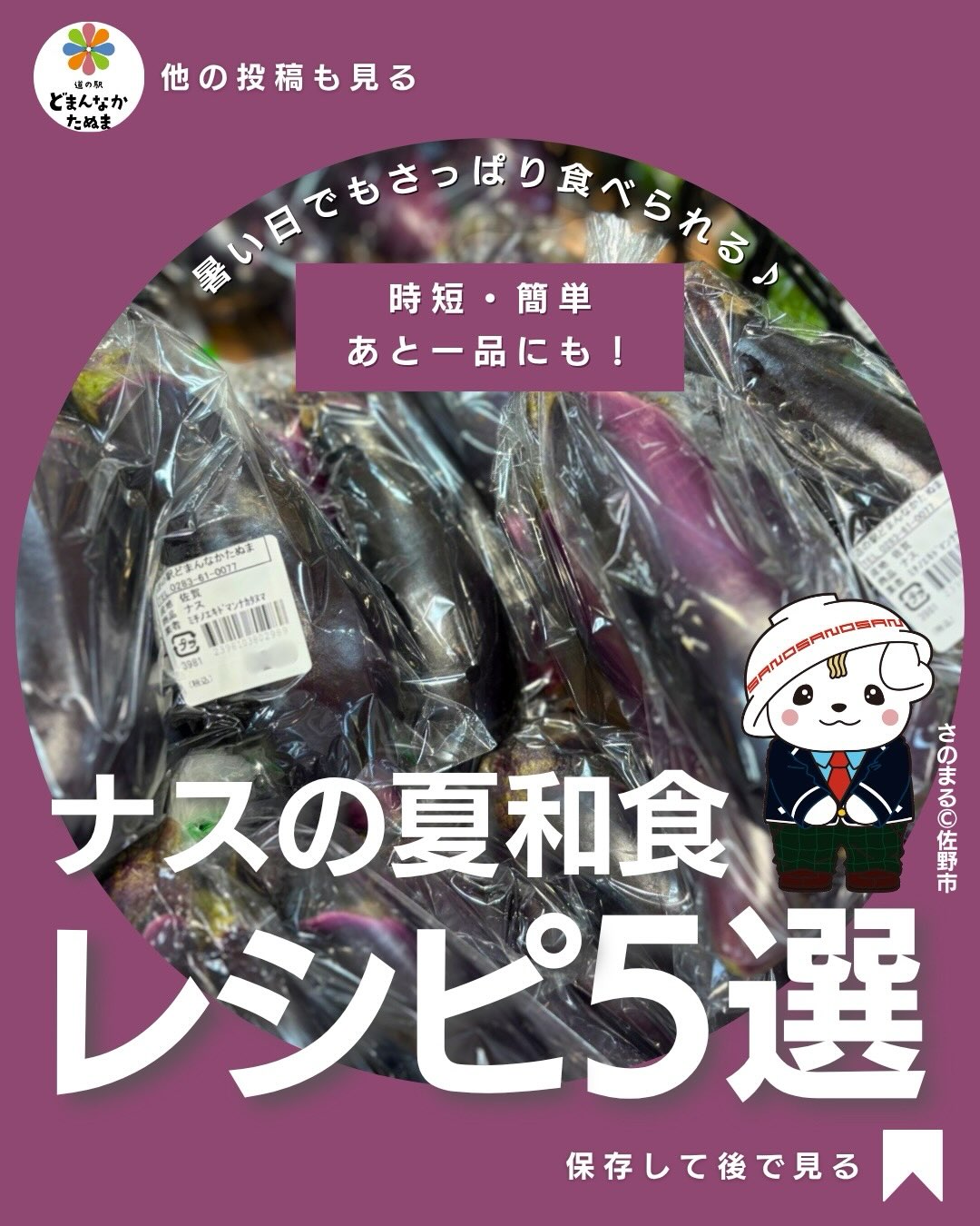 おはようございます️
日曜の朝ご機嫌いかがですか？

夏になると旬を迎えるナス

「たくさん買ったけど、いつも同じ料理になってしまう…」
そんな経験はありませんか？

ナスは和食との相性が抜群！
焼くだけ、レンジでチンするだけでも、立派な一品になります

今回は家にある調味料だけで作れる、簡単な和風アレンジを5つご紹介しました。

 焼きびたし
 味噌炒め
 おかかポン酢
 浅漬け
 チーズ焼き

どれも3ステップ以内で作れるので、忙しい日や「あと一品ほしい！」という時にも大活躍♪

特に焼きびたしは、冷蔵庫で冷やしておくと暑い日でもさっぱり食べられる夏の定番です

道の駅どまんなかたぬまでは、新鮮な旬のナスが続々入荷中！
旬だからこそのみずみずしさと甘みを、ぜひ味わってみてください

「あとで作ろう！」と思ったら保存がおすすめ！

皆さんのおうちの定番ナス料理も、
ぜひコメントで教えてください♪