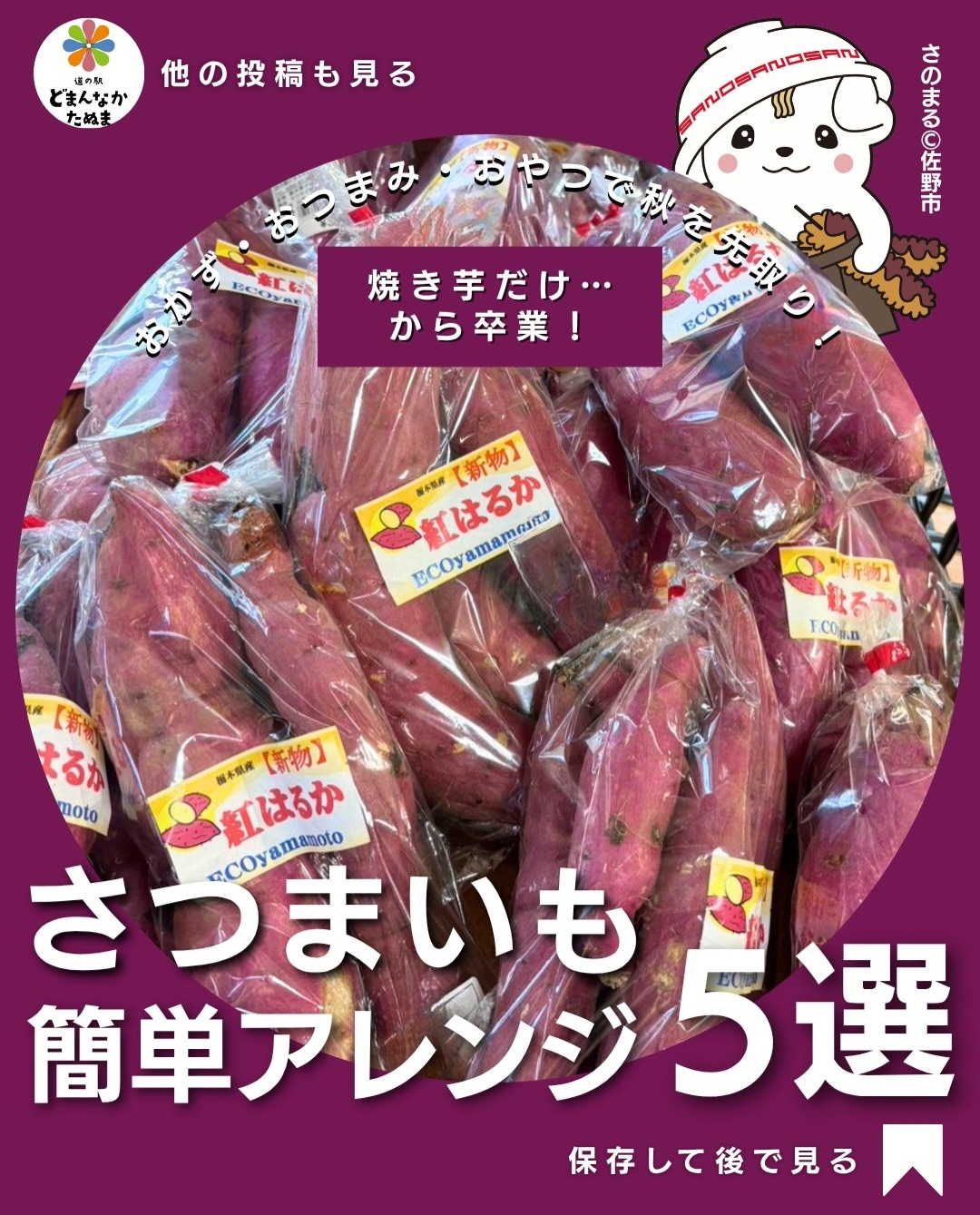 「新さつまいも」を見つけると、、、
ちょっと秋を感じませんか？

まだ暑さが残る季節だけど、食卓には少しずつ秋の気配。

でも、さつまいもを買うと
「焼き芋？天ぷら？大学芋？」
いつも同じメニューになりがちですよね。

そこで今回は、新さつまいもを甘いだけで終わらせない簡単アレンジ5選をまとめました！

おつまみなら「のり塩バター」
あと一品なら「和風サラダ」🥗
夕飯のおかずなら「豚バラ甘辛炒め」
子どもと食べるなら「チーズ焼き」🧀
おやつなら「塩キャラメル風」

どれも難しい工程はなし。

レンジで先に火を通しておけば、調理時間もグッと短縮できます。

新さつまいもを買った日に全部作る必要はありません。

むしろ「今日は何にしよう？」と困ったときに使えるように、

 今のうちに保存しておくのがおすすめ！

道の駅で旬の野菜を見つけて、季節を少し先取りするのも楽しいですよ

みなさんなら新さつまいも、
①〜⑤どれを作ってみたいですか？

ぜひコメントで教えてください！