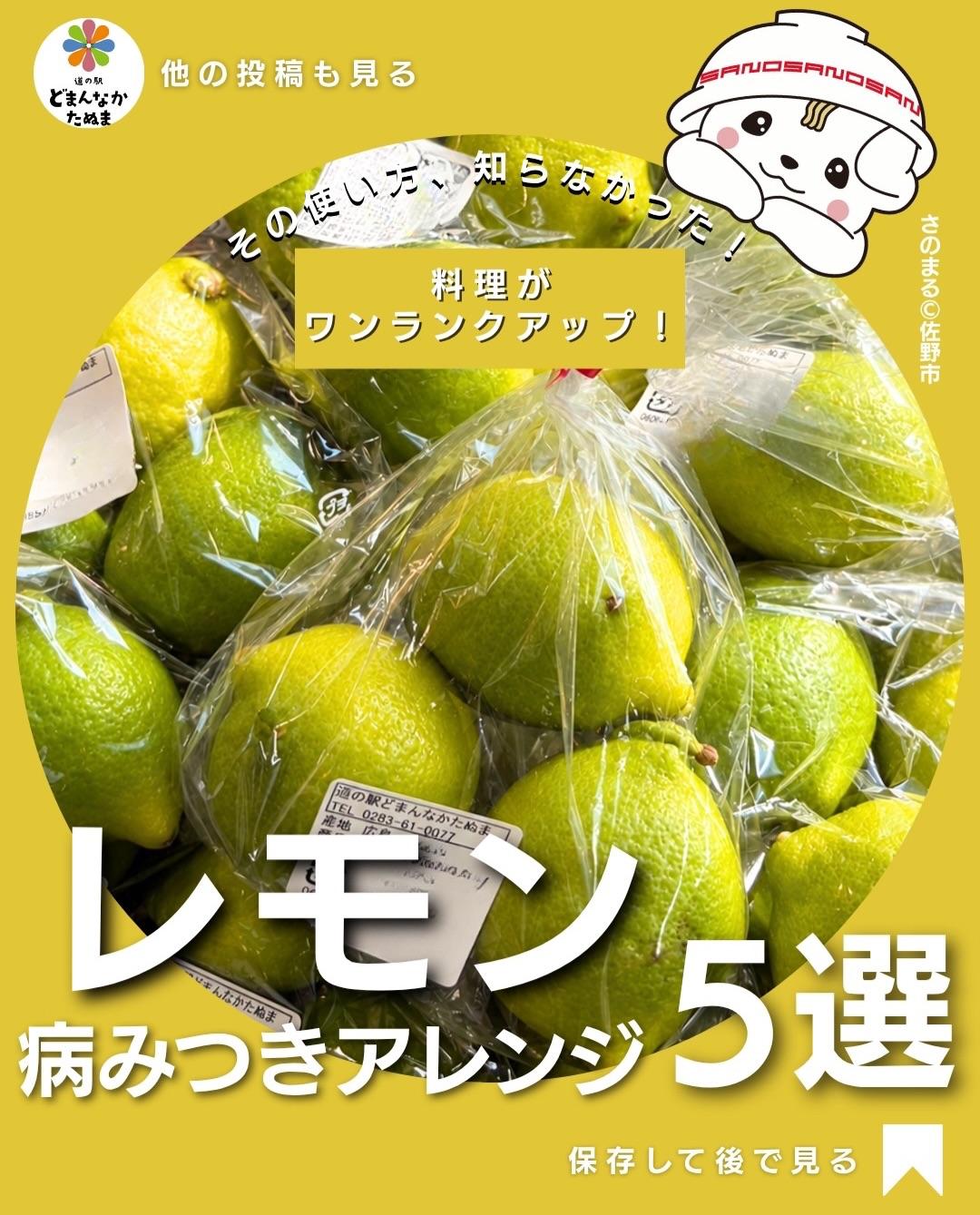 レモンって、唐揚げに搾るだけだと思っていませんか？🍋

もちろん、そのまま搾ってもおいしい。でも少し使い方を変えるだけで、いつもの晩ごはんから作り置き、おやつやおつまみまで楽しめるんです！

まず試してほしいのが「鮭のレモンバター焼き」。バターのコクにレモンの爽やかな酸味が加わって、秋の定番おかずがちょっと贅沢な一品に🤤

きのこと合わせれば、さっぱり食べられる作り置きマリネに。鶏肉に絡めれば、食べ応えがあるのに後味すっきりのメインおかずに！

さらに、秋のさつまいもを甘酸っぱく煮たり、クリームチーズとはちみつに混ぜたりと、意外な組み合わせもおすすめです。

道の駅どまんなかたぬまで見つけた「瀬戸内グリーンレモン」🍋

秋の食材と組み合わせて、いつもの料理をちょっと新鮮に楽しんでみてください

 レモンを買った時のために保存！
 ①〜⑤、どれが一番気になりますか？