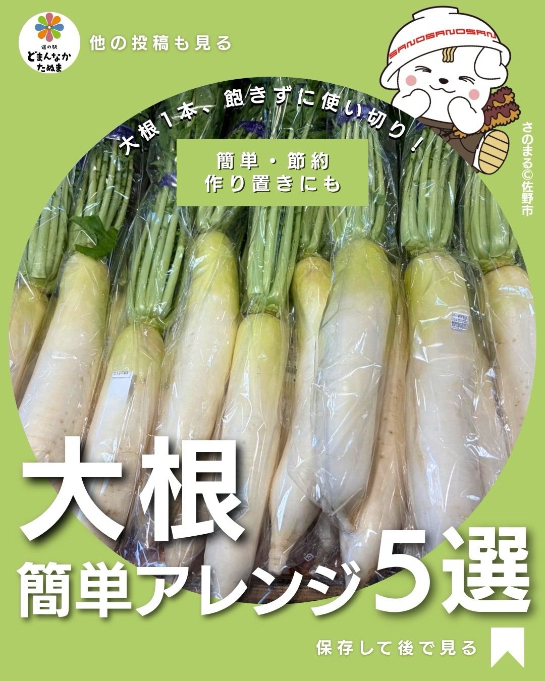 大根1本買ったけど「また煮物になっちゃう…」なんてことありませんか？

立派な大根を見つけたら、せっかくなので最後までおいしく楽しみたい！

今回は、毎日の献立にそのまま使える「大根の簡単アレンジ5選」をまとめました🥬

火を使わないツナ塩こんぶサラダから、バター醤油が香る大根ステーキ、子どもにもおすすめのチーズガレット、冷蔵庫にあると助かる甘酢漬け、晩ごはんの主役になる豚バラ重ね蒸しまで。

副菜・作り置き・おつまみ・メイン料理と選べるので、大根1本でも飽きずに使い切れます

「今日作る」だけじゃなく、次に大根を買った時にも使える5品です。

道の駅で立派な大根を見つけたら、ぜひ試してみてください

 献立に迷った日のために保存！
「これ作りたい！」という番号もコメントで教えてください